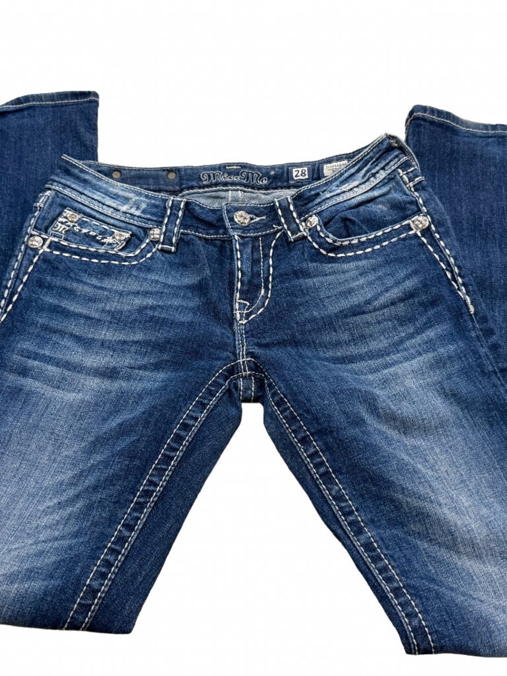 Miss Me Bootcut Jeans Size 28 Dark Wash Embellished Flap Pocket Thick Stitch JS5